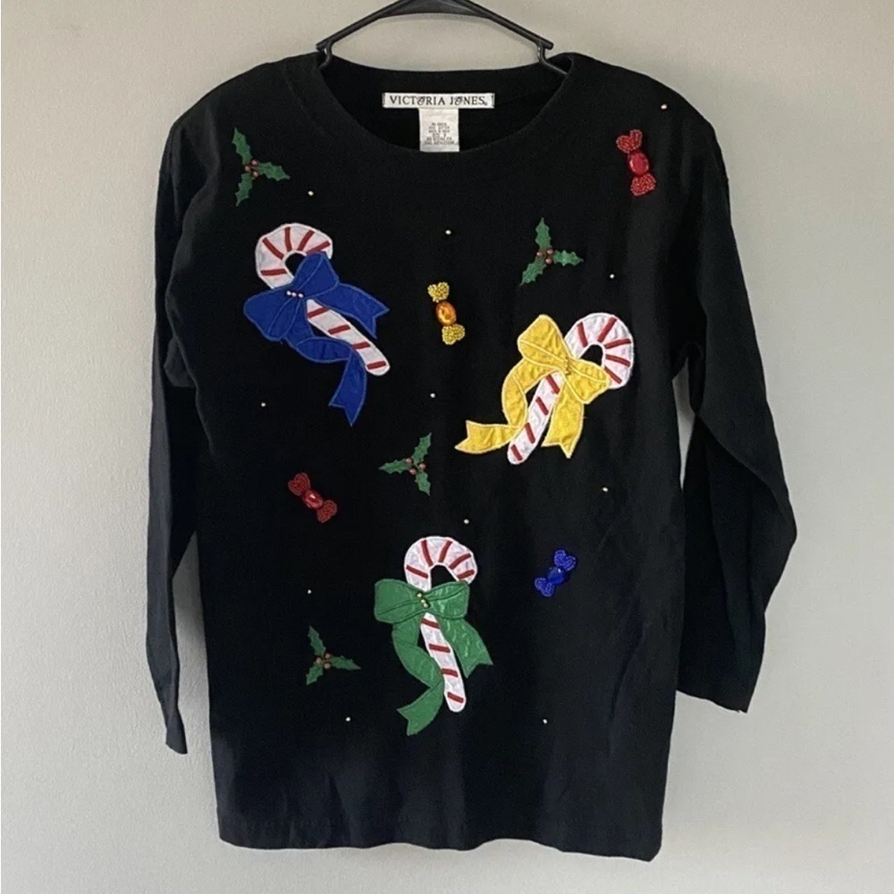 VINTAGE Victoria Jones Christmas Holiday Beaded Long Sleeve T-Shirt Women's S